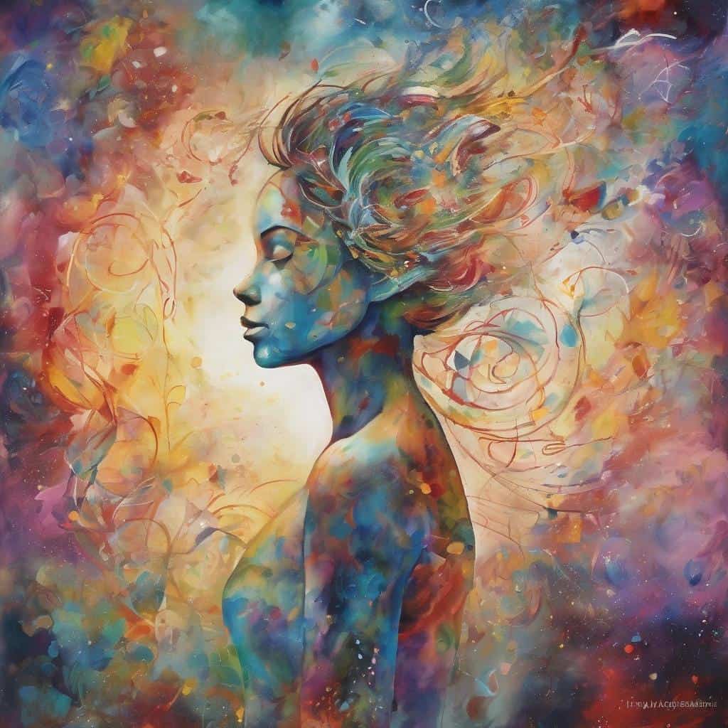 νεαρή γυναίκα με πολύχρωμο αφηρημένο φόντο, τέχνη και αλλαγή συνηθειών, δημιουργικότητα και αυτοβελτίωση.