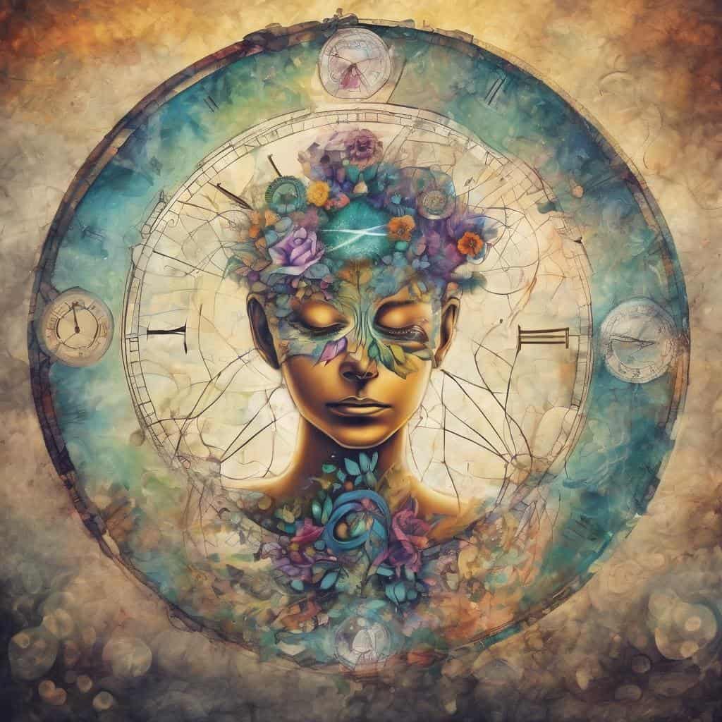 Ονειρική τέχνη με γυναίκα και ρολόι, εστίαση στη συνήθεια και την αλλαγή, ιδανικό για προώθηση θεμάτων αυτοβελτίωσης και ψυχικής ανανέωσης.