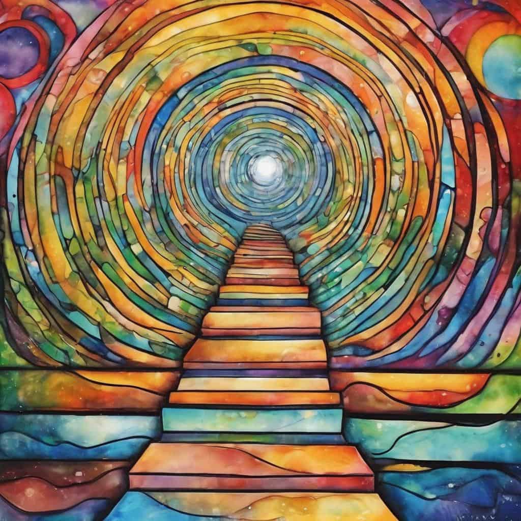 Ζωγραφιά με πολύχρωμο κυκλικό τούνελ και σκαλοπάτια, σύμβολο αλλαγής και ανάπτυξης.