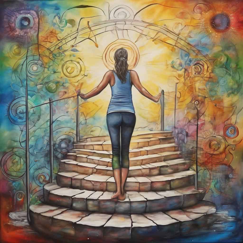 Συνήθεια και αλλαγή, γυναικεία πορεία σε σκάλα με πολύχρωμο αφηρημένο φόντο.